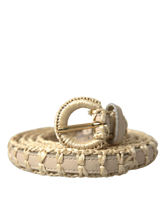 Beige raffia lederen riem met metalen gesp