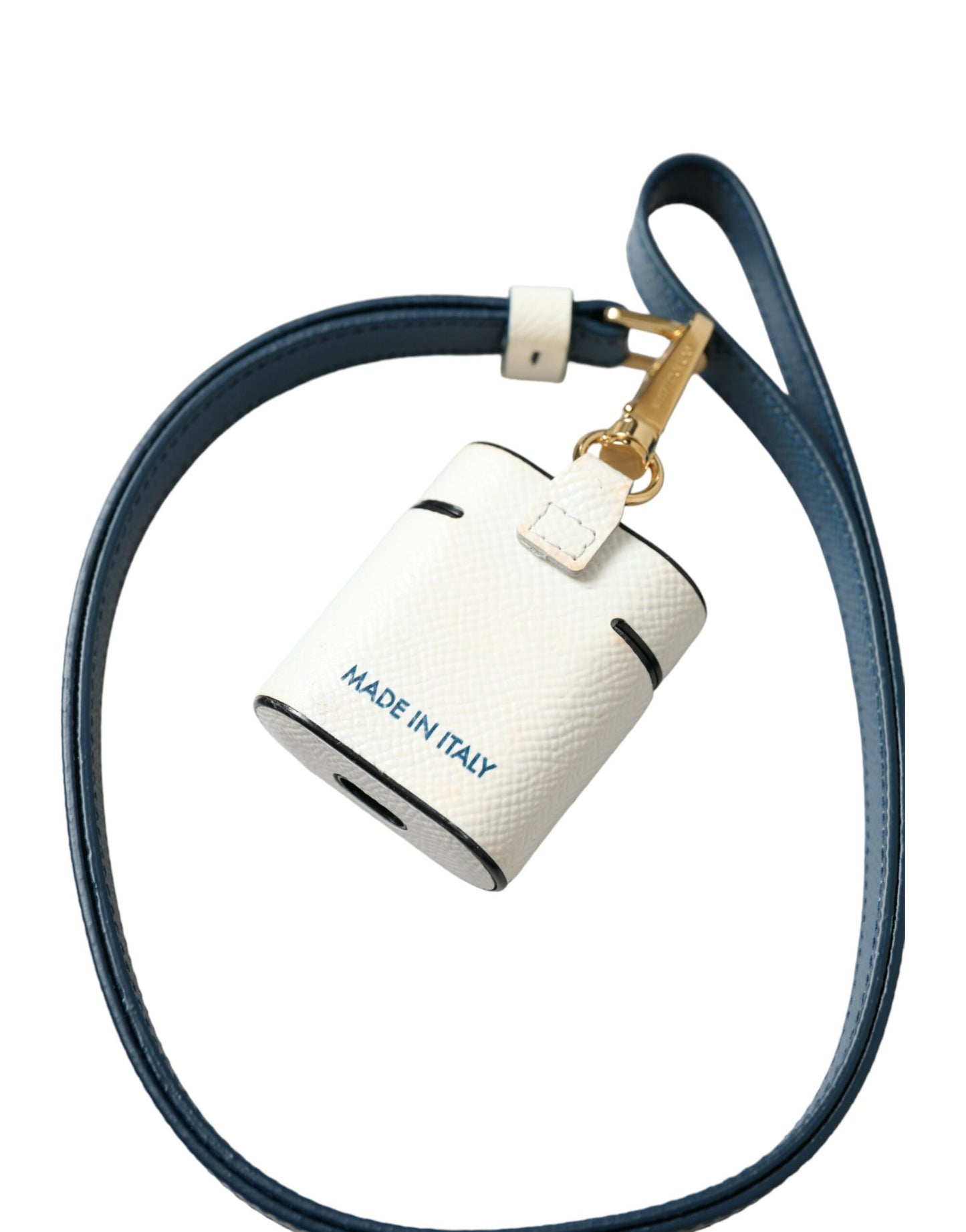 Witblauw kalfsleer Airpods-hoesje met logoprint en riem