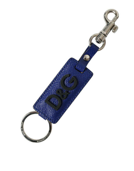 Blauw kalfsleer DG-logo zilveren messing sleutelhanger