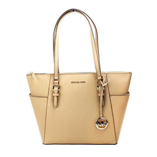 Bolso tote grande de cuero con cremallera superior en color camel de Charlotte