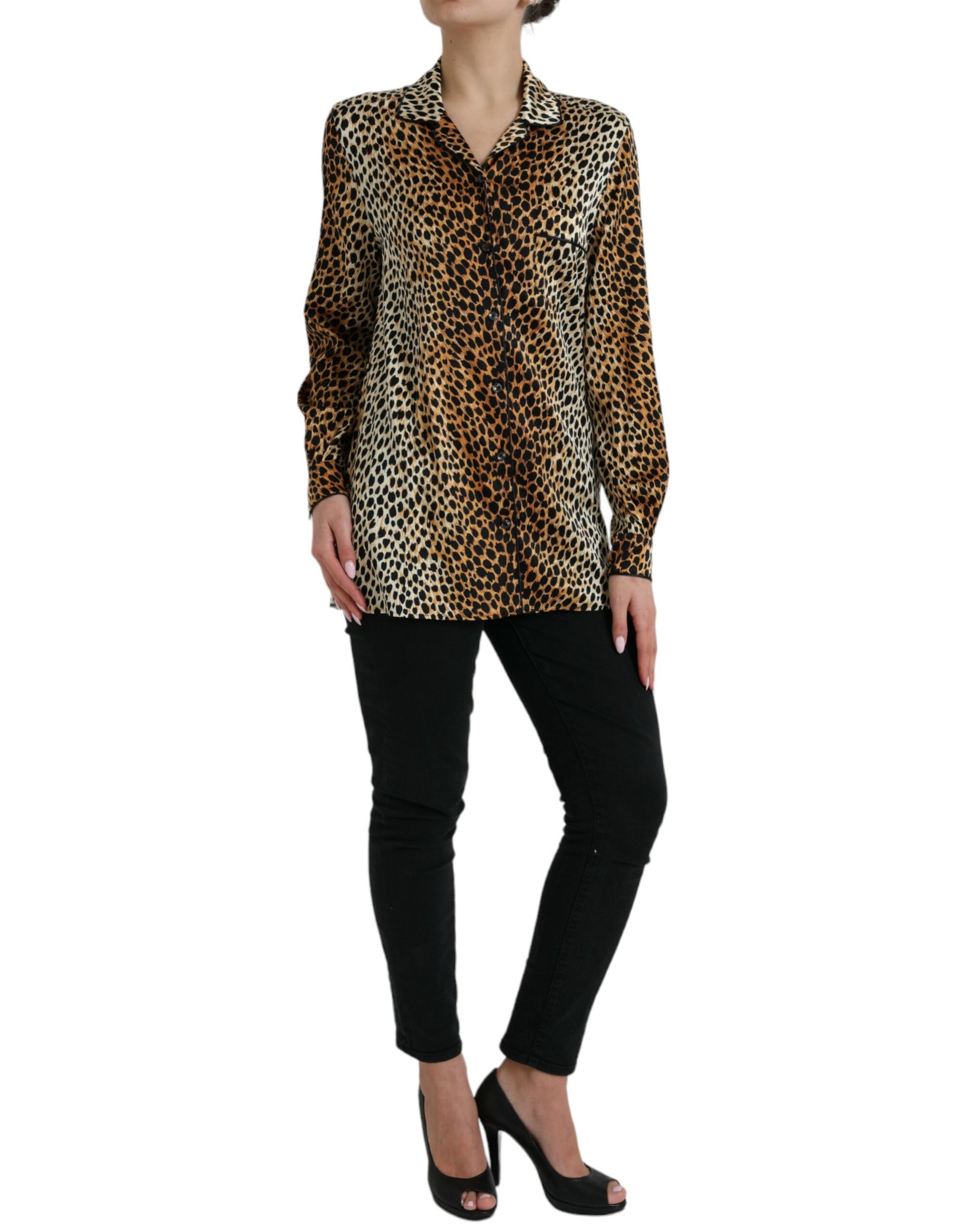 Elegante Blusa De Seda Con Estampado Animal Marrón