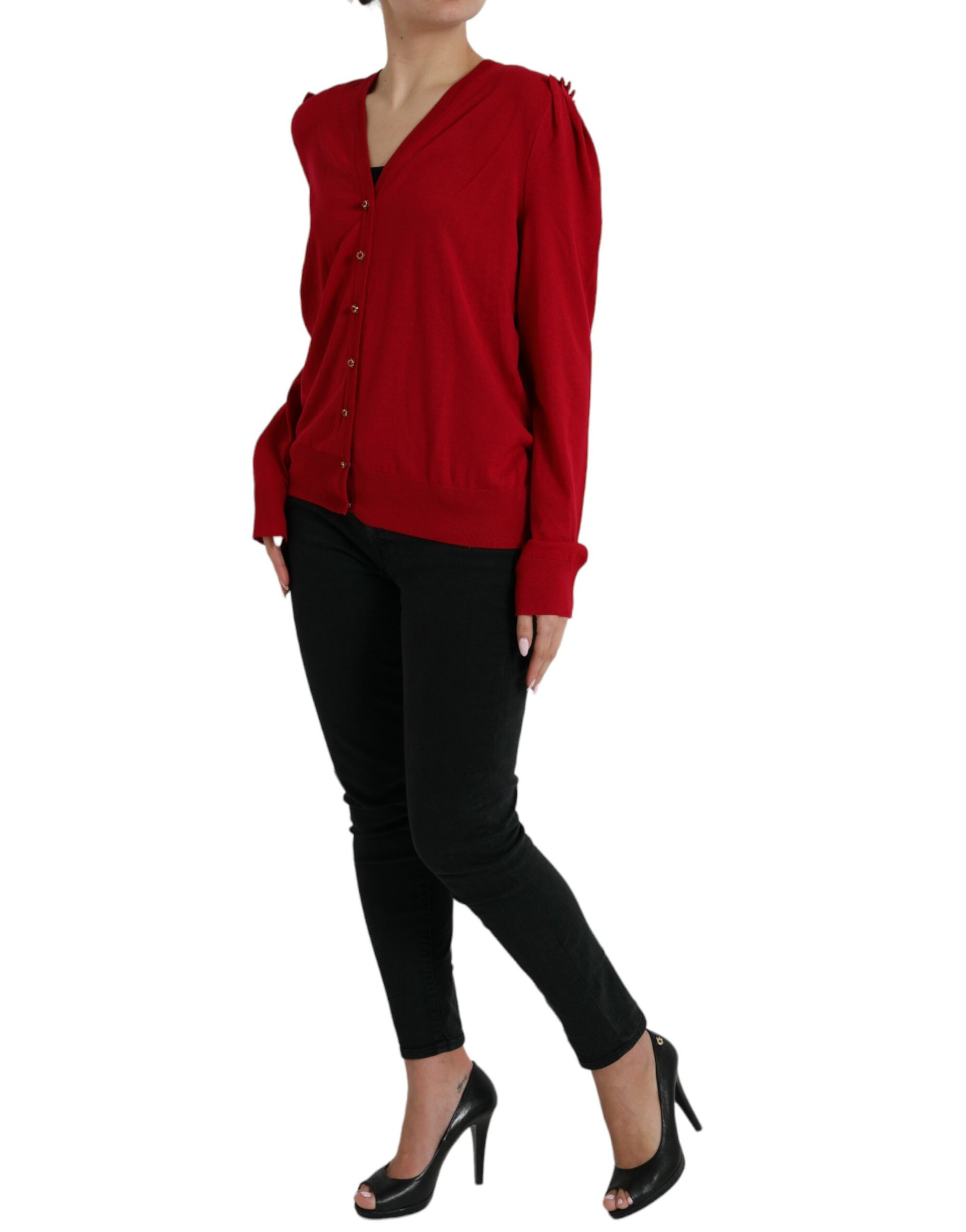 Elegant Red V-Neck Wool Cardigan