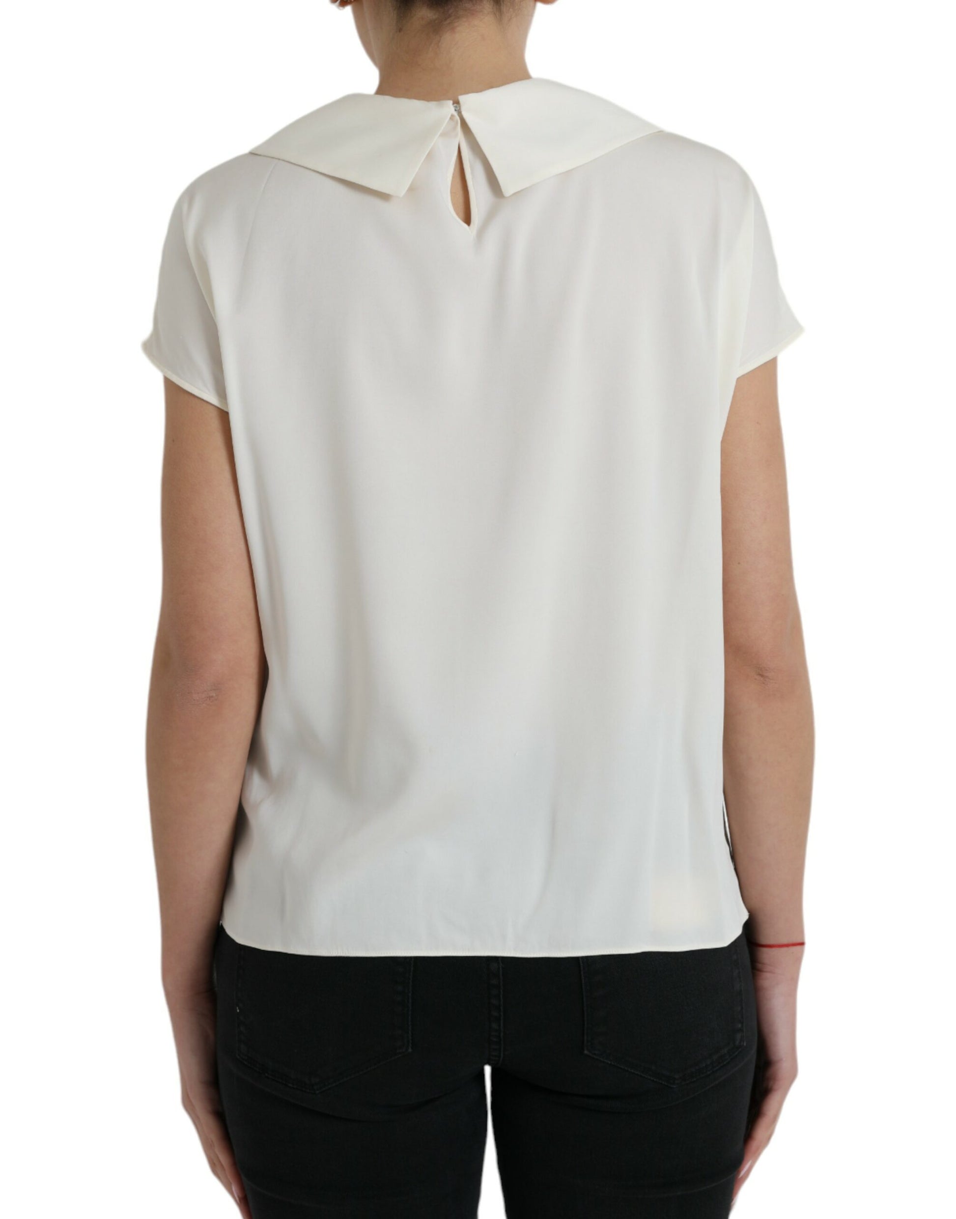 Elegante blusa de seda con ribete de encaje en color blanco roto