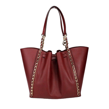 Bolso tote Mina grande de cuero color cereza oscuro con incrustaciones de cadena y cinturón