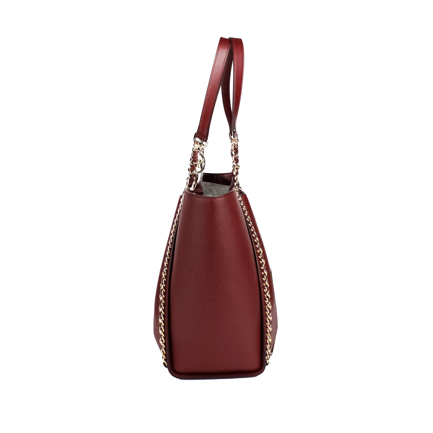 Bolso tote Mina grande de cuero color cereza oscuro con incrustaciones de cadena y cinturón