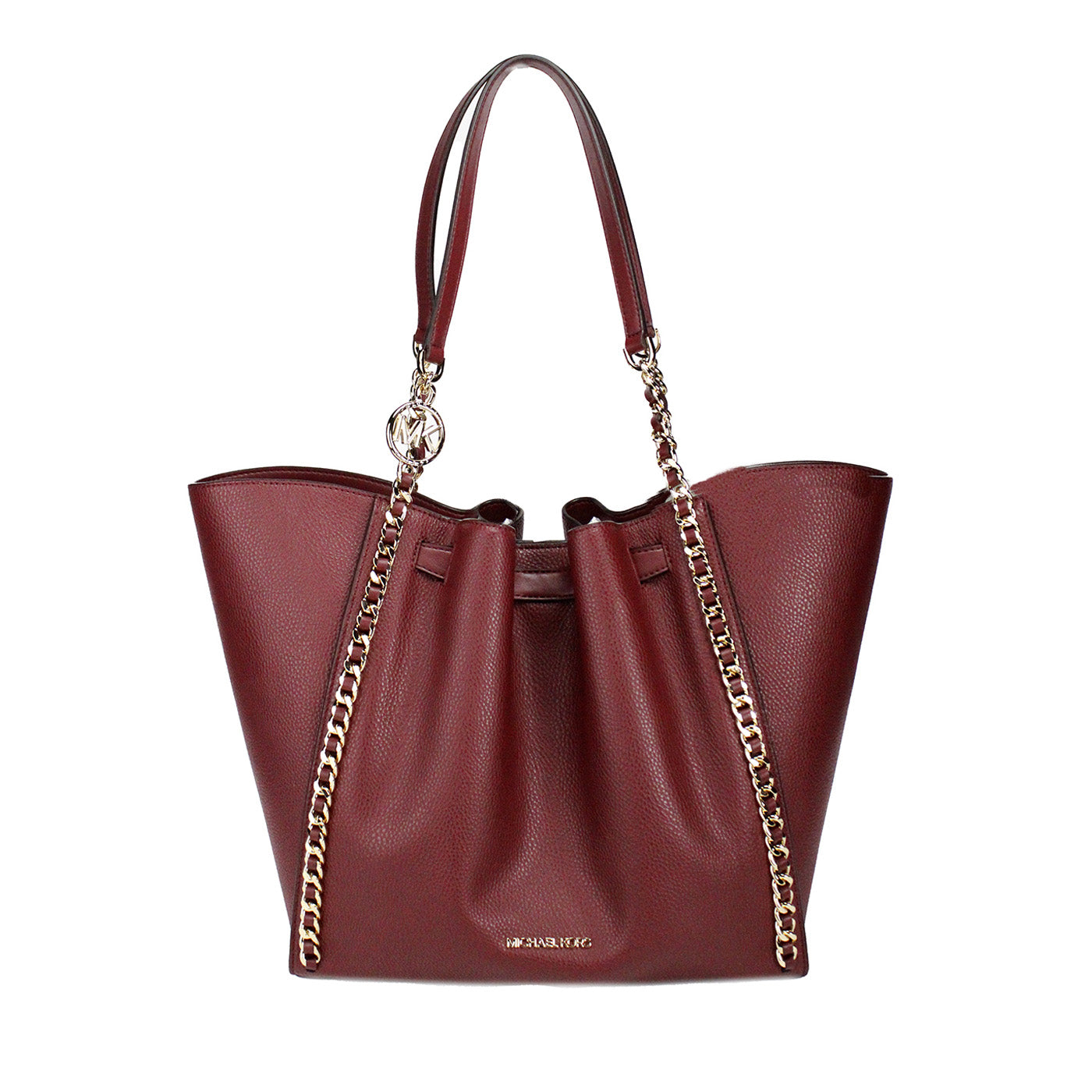 Bolso tote Mina grande de cuero color cereza oscuro con incrustaciones de cadena y cinturón