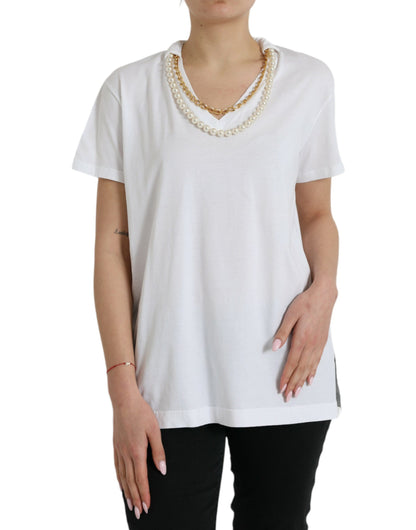 Elegante camiseta de algodón blanca con detalle de collar