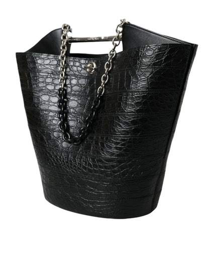 Elegante bolso tipo bombonera de piel de cocodrilo negro