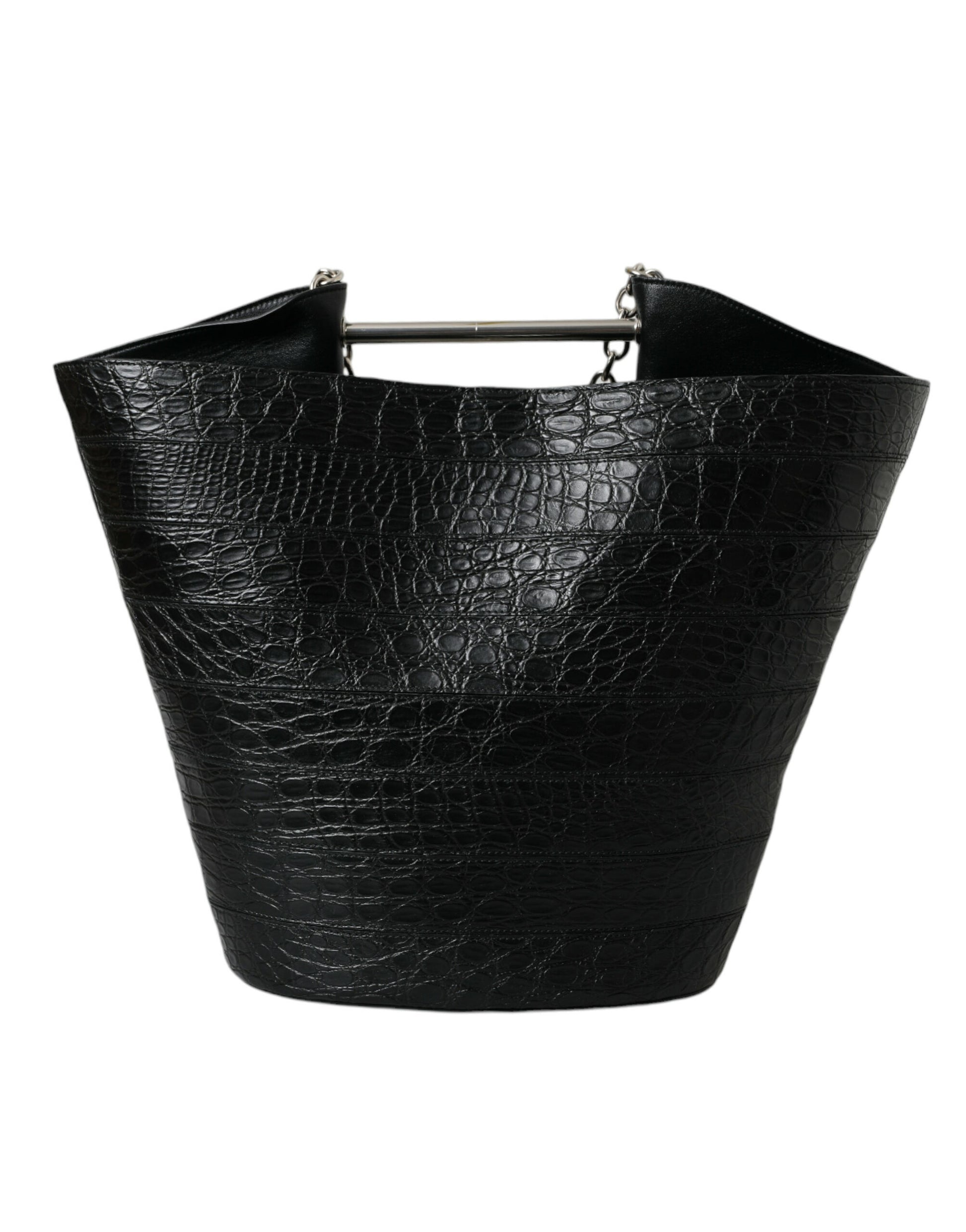 Elegante bolso tipo bombonera de piel de cocodrilo negro