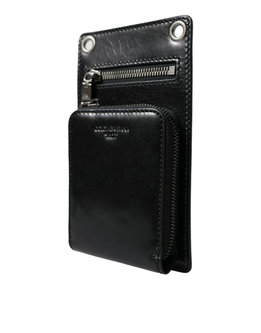 Black Calf Leather Zip Logo Shoulder Neck Strap Wallet