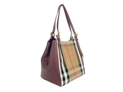 Bolso tote pequeño Canterby de piel de caoba y lona a cuadros