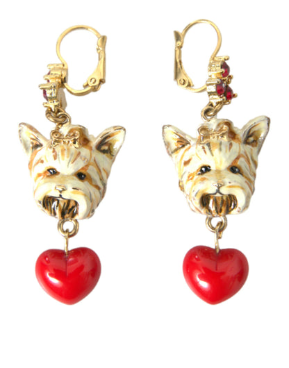 Gold Brass Heart Dog Red Crystal Dangling Earrings