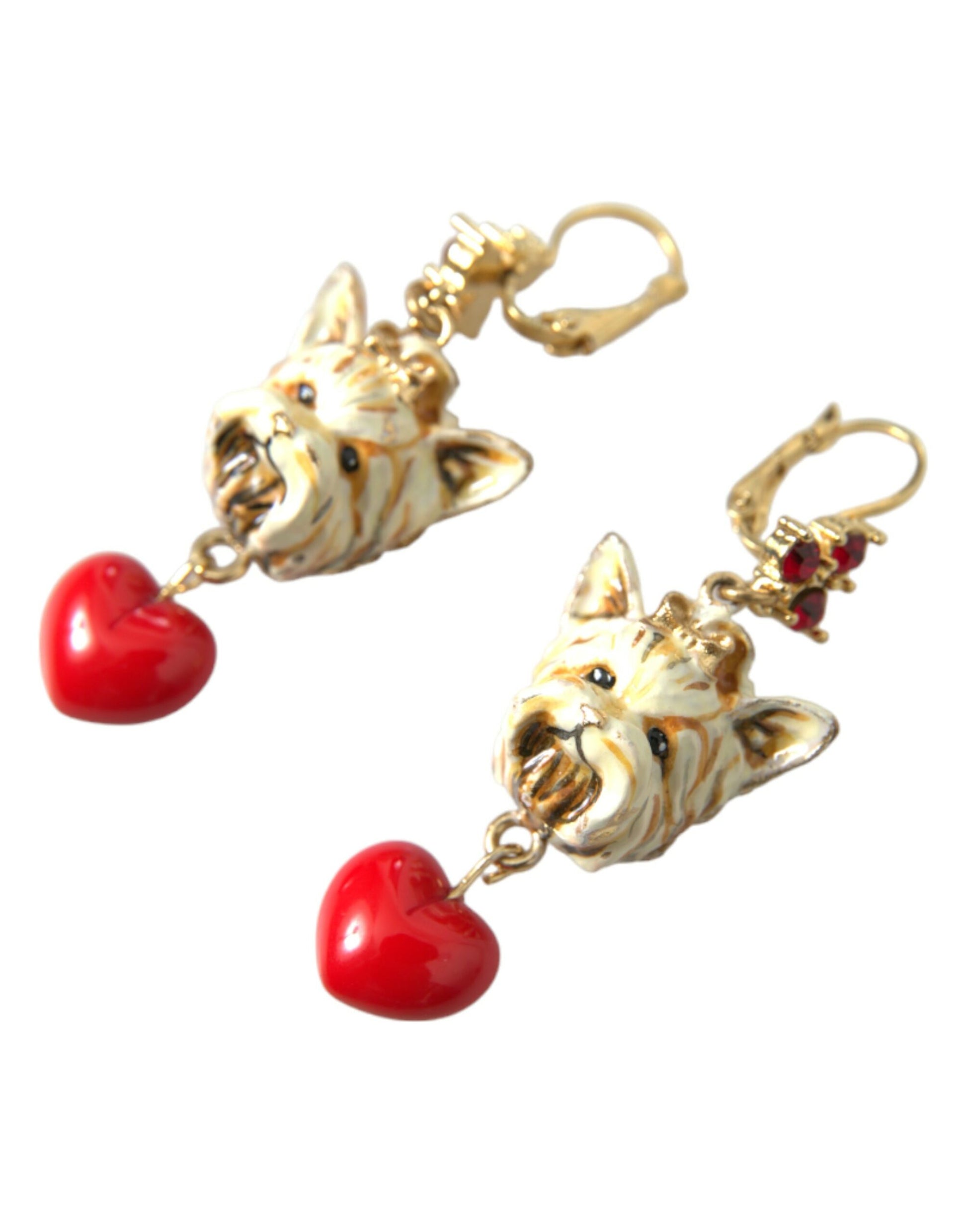 Gold Brass Heart Dog Red Crystal Dangling Earrings