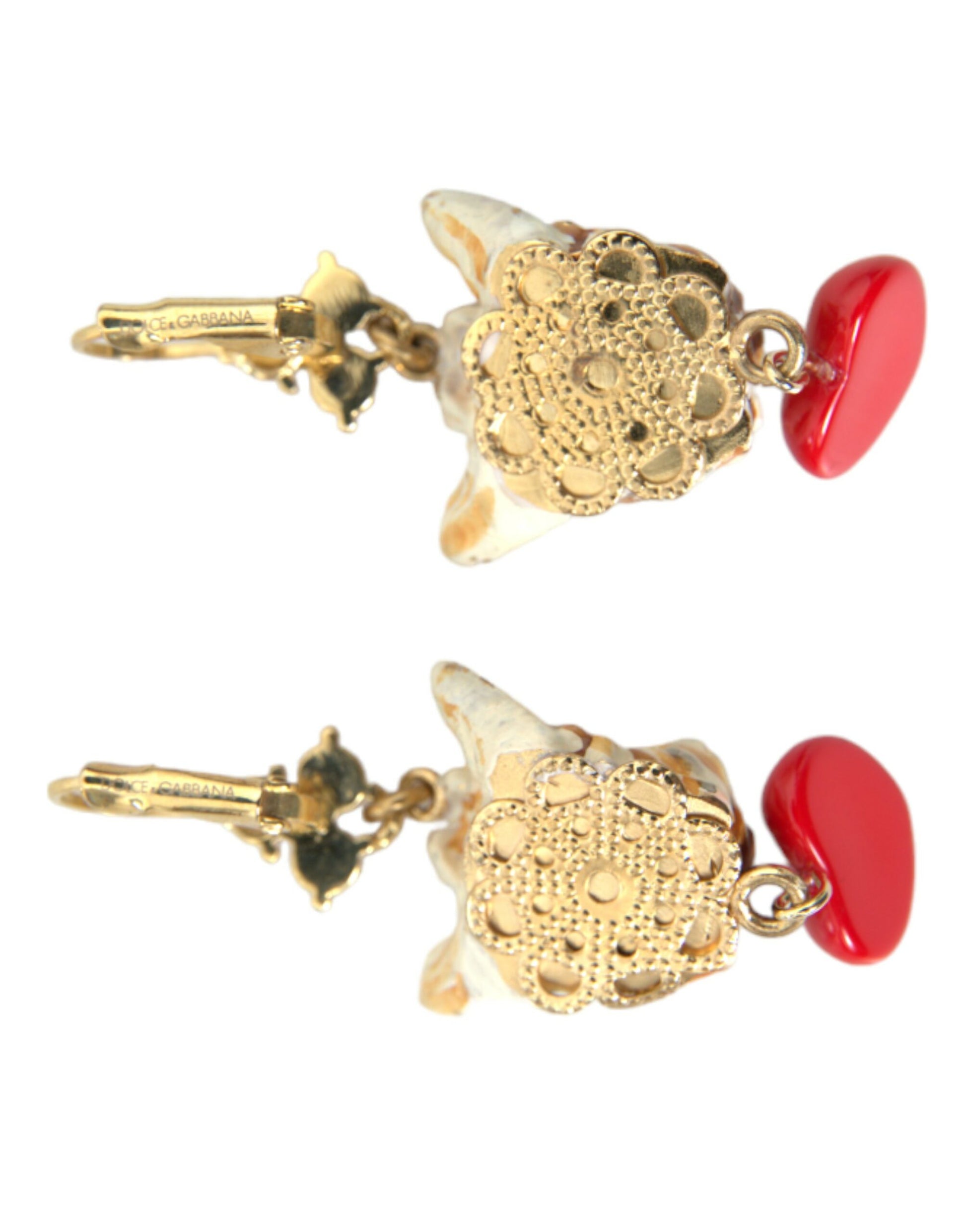 Gold Brass Heart Dog Red Crystal Dangling Earrings