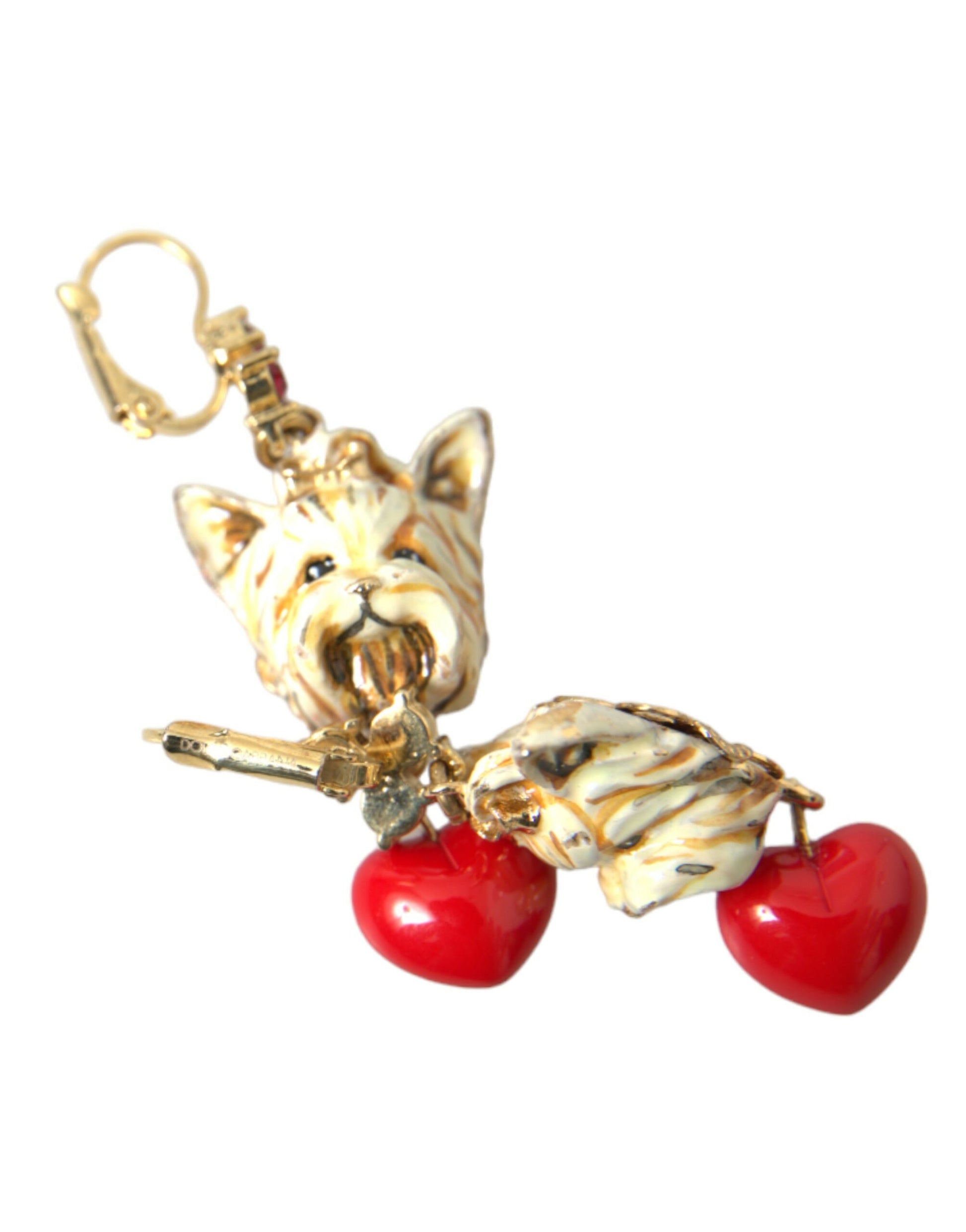 Gold Brass Heart Dog Red Crystal Dangling Earrings