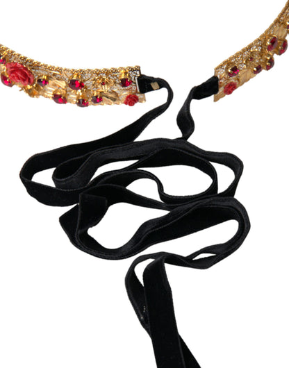 Gold Brass Red Roses Crystal Jewel Waist Belt