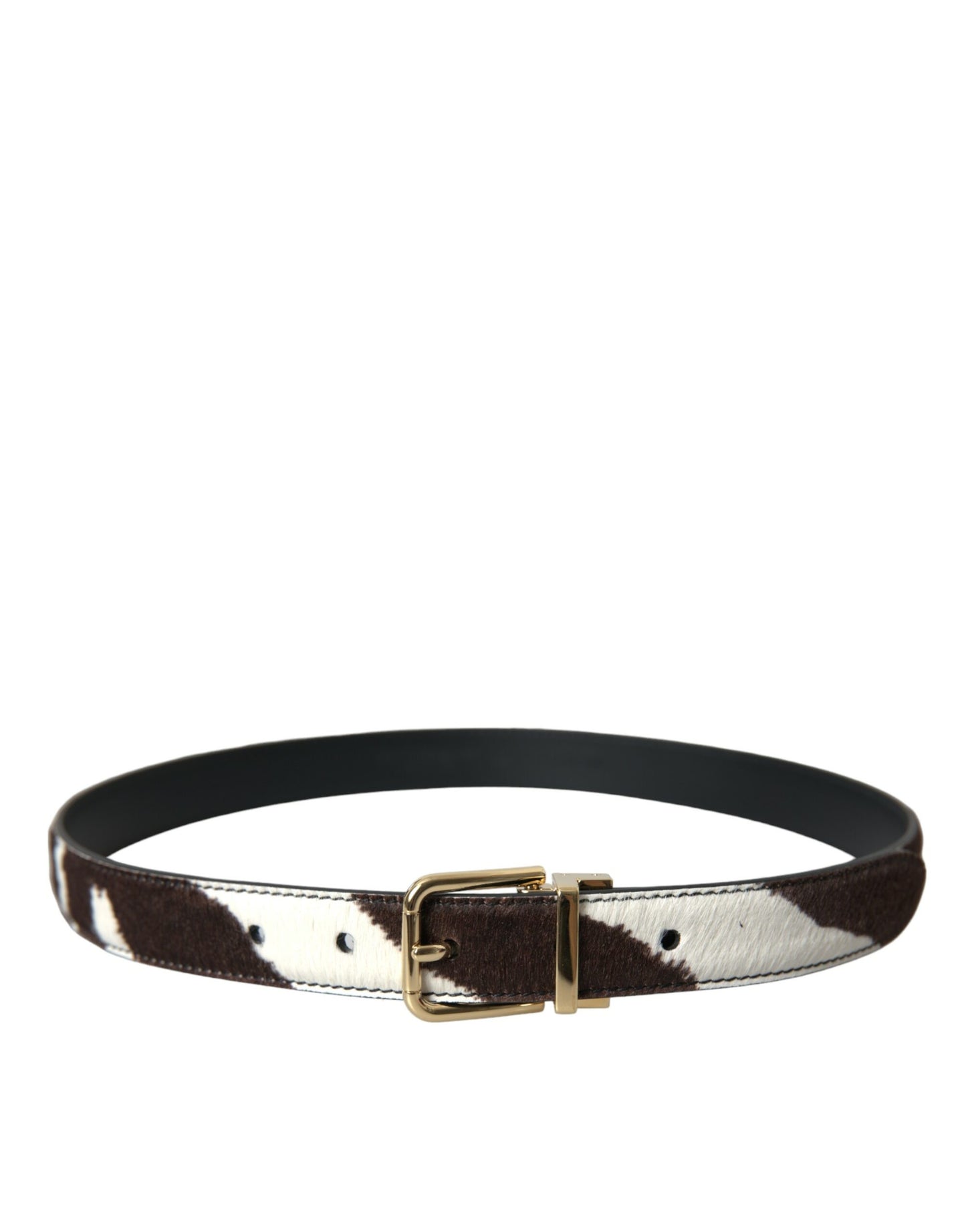 Brown White Zebra Pony Hair Gold Buckle Belt