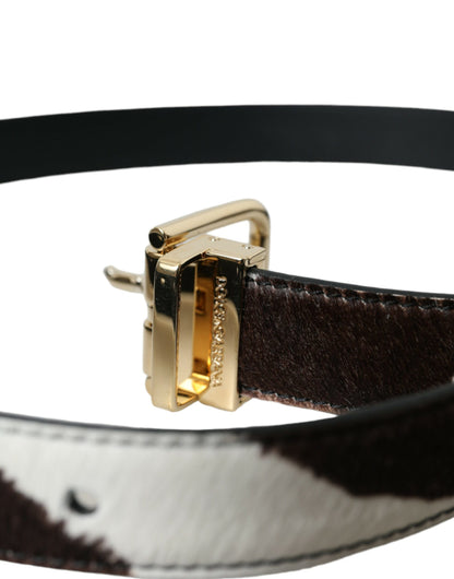 Brown White Zebra Pony Hair Gold Buckle Belt