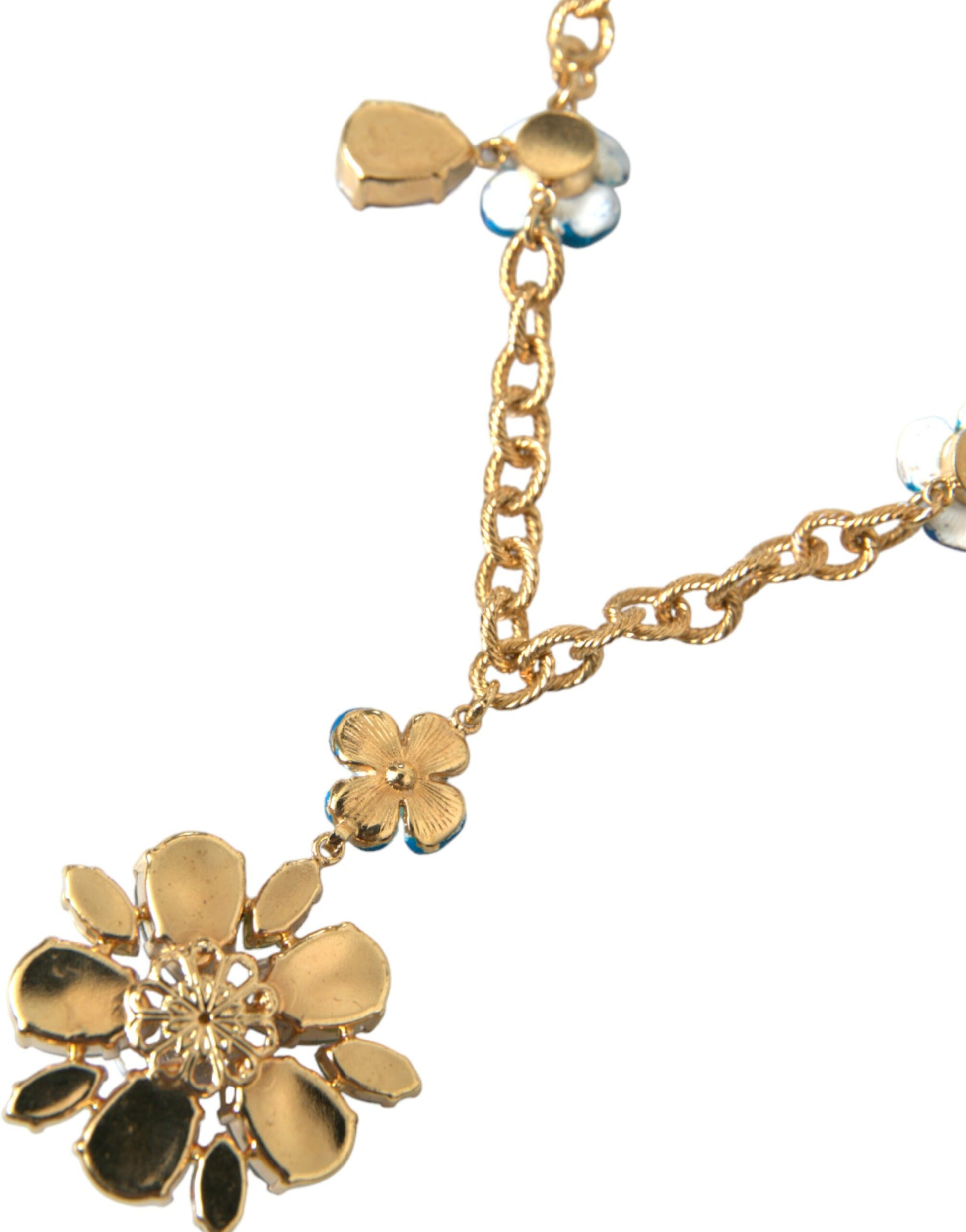 Gold Brass Chain Crystal Floral Pendant Charm Necklace