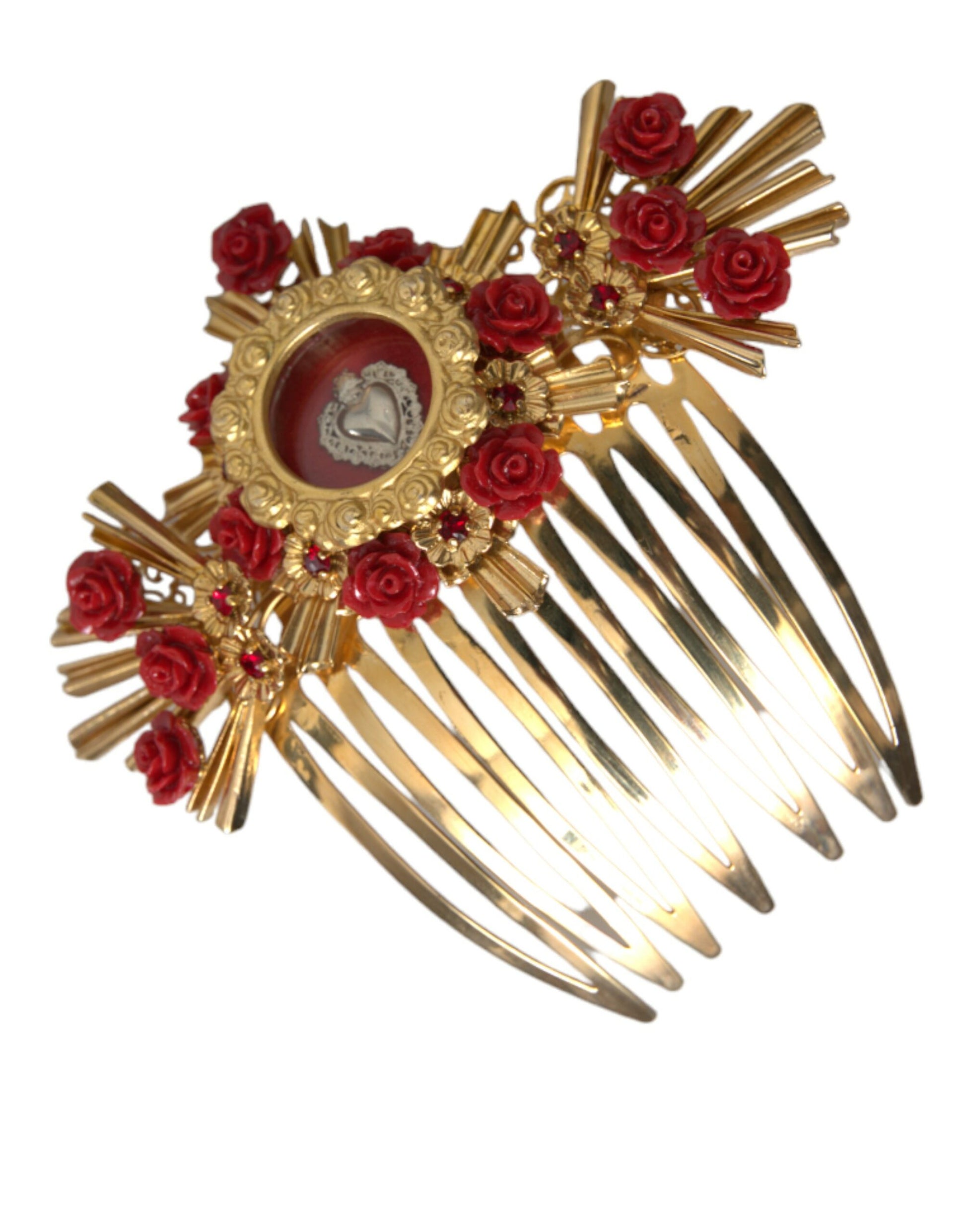 Gold Brass Crystal Heart Floral Hair Comb