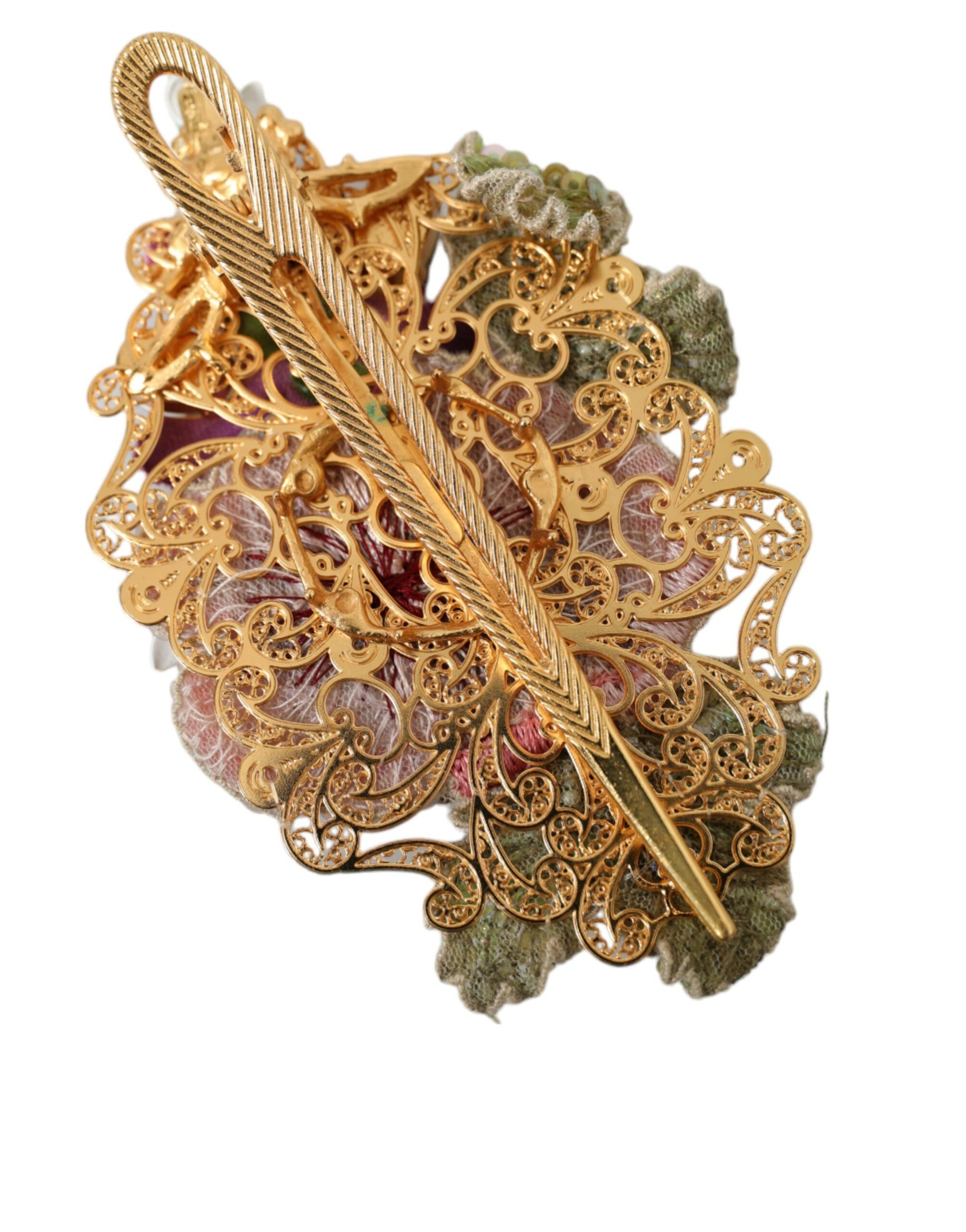 Gold Brass Floral Crystal Sequined Hair Clip