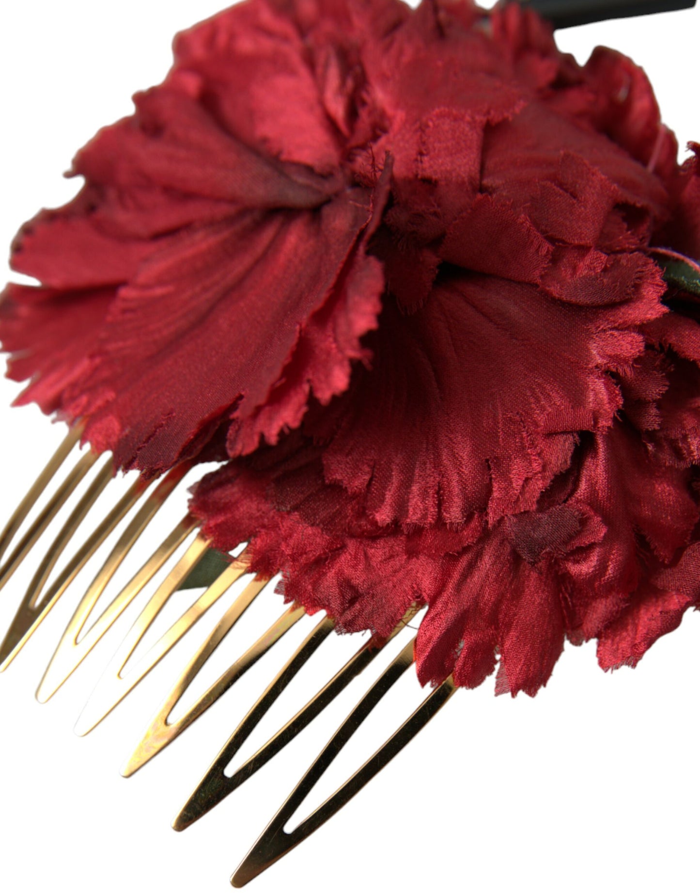 Red Silk Floral Gold Brass Women Hair Comb