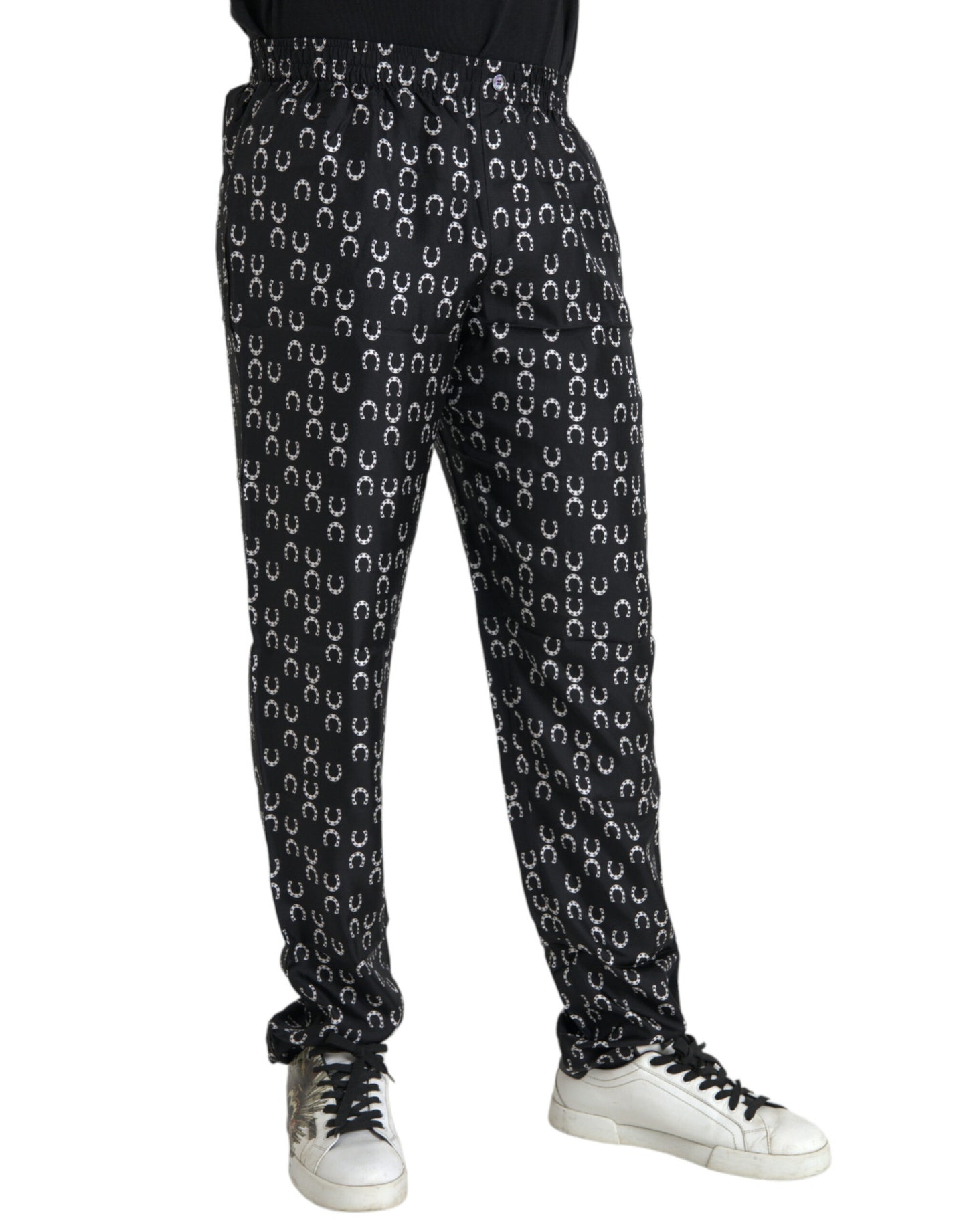 Black Horseshoe Print Silk Pants