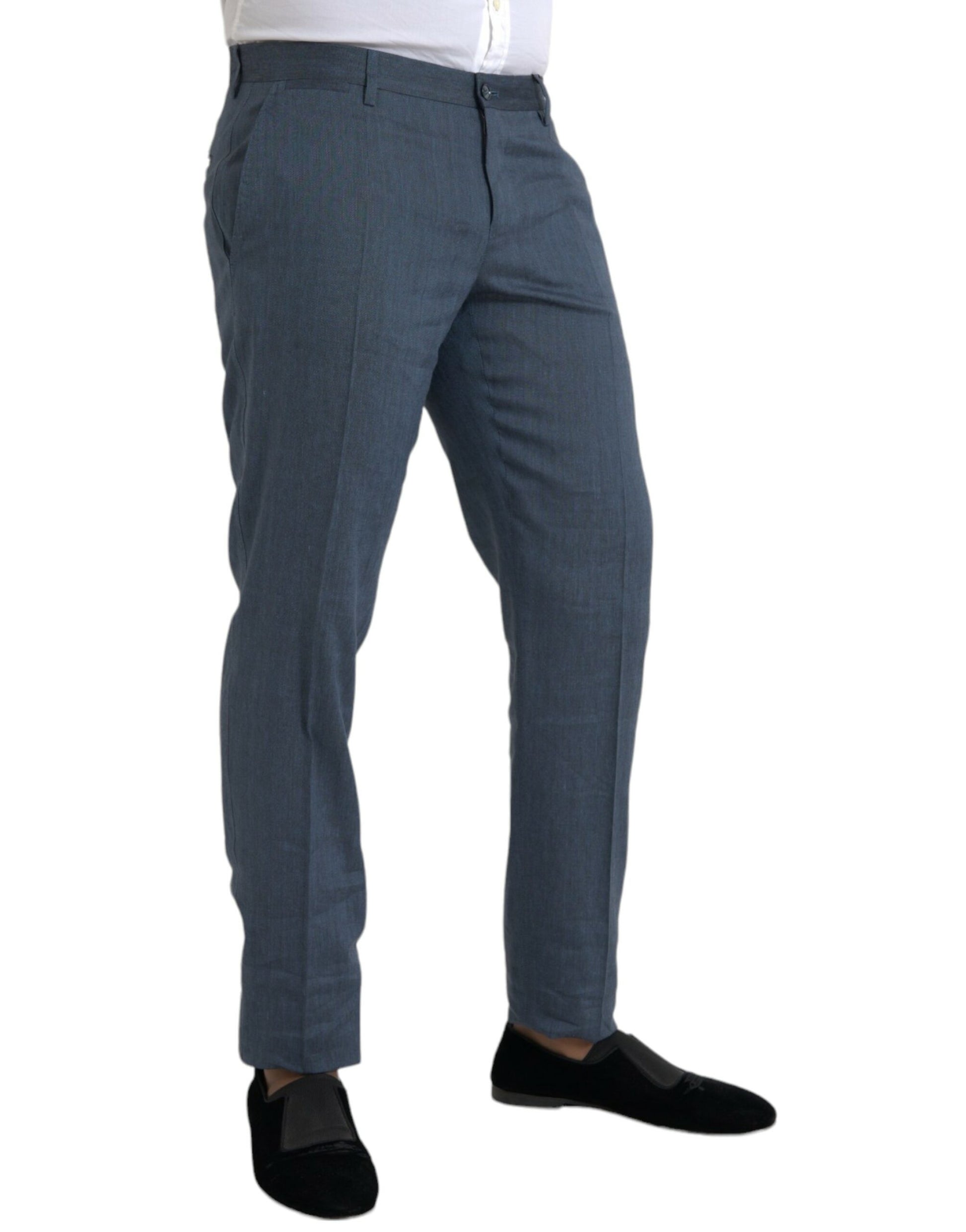 Blue Linen Silk Skinny Dress Pants