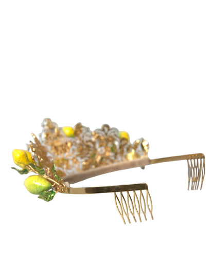 Gold Tone Brass Crystal Sicily Lemon Head Crown Tiara