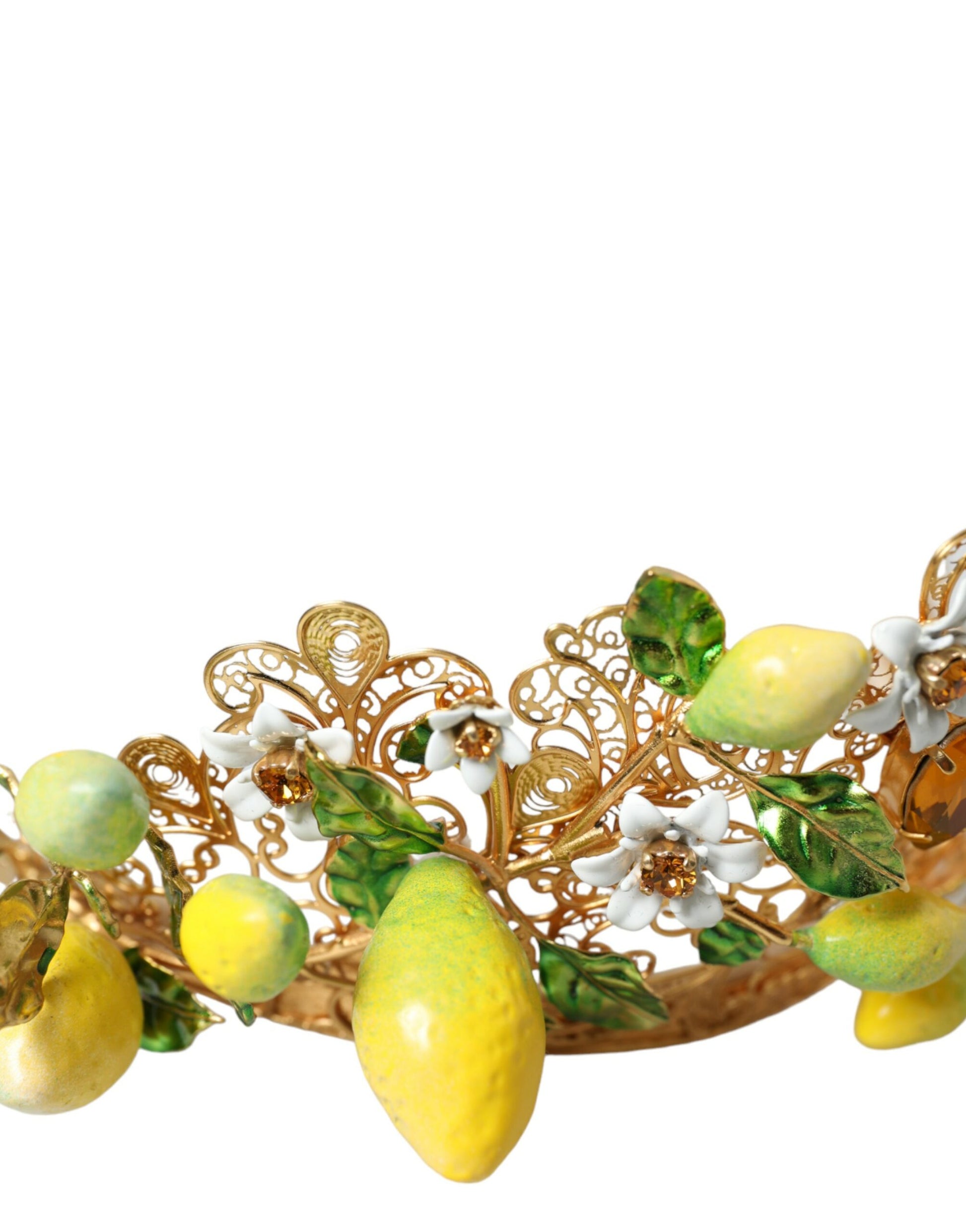 Gold Tone Brass Crystal Sicily Lemon Head Crown Tiara