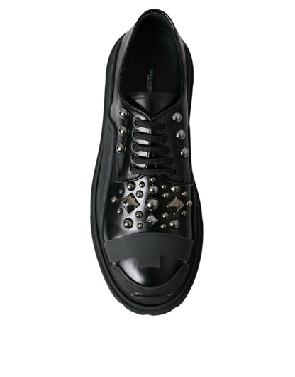 Black Leather Studded Trekking Sneakers Shoes