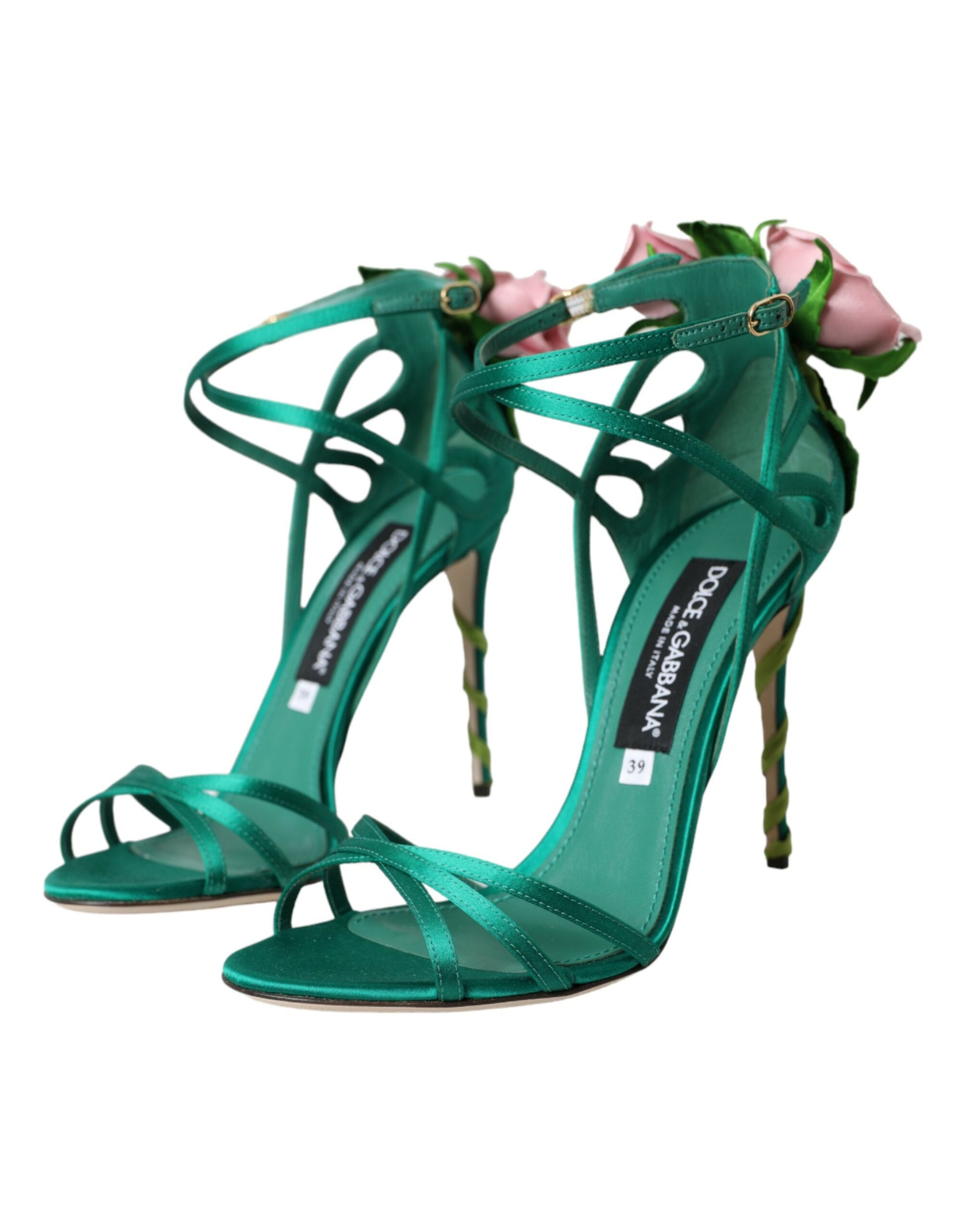 Green Flower Satin Heels Sandals Shoes