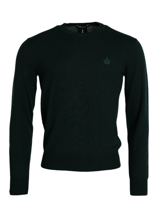 Dark Green Crown Crew Neck Pullover Sweater