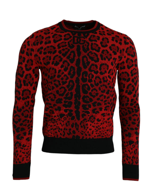 Red Leopard Wool Crew Neck Pullover Sweater