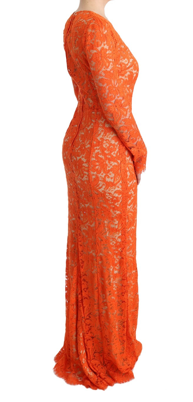 Elegante vestido tubo naranja de manga larga y largo completo