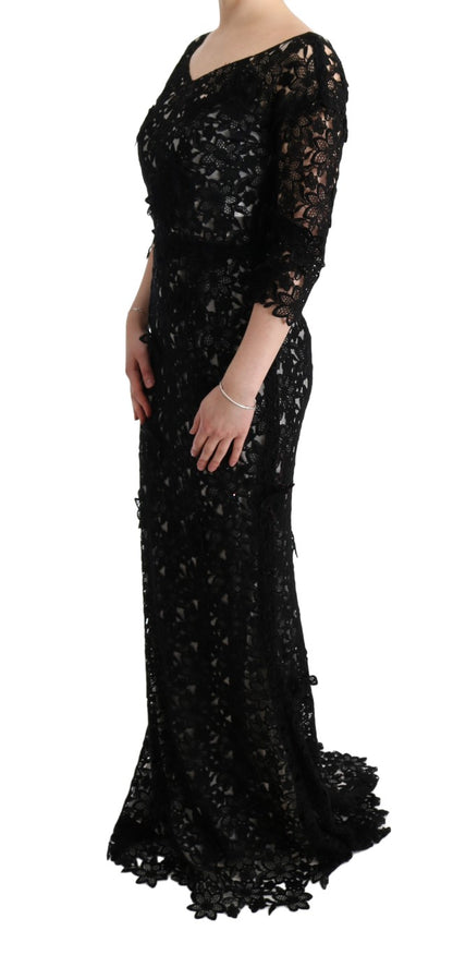 Elegant Black Maxi Shift Dress with Floral Applique