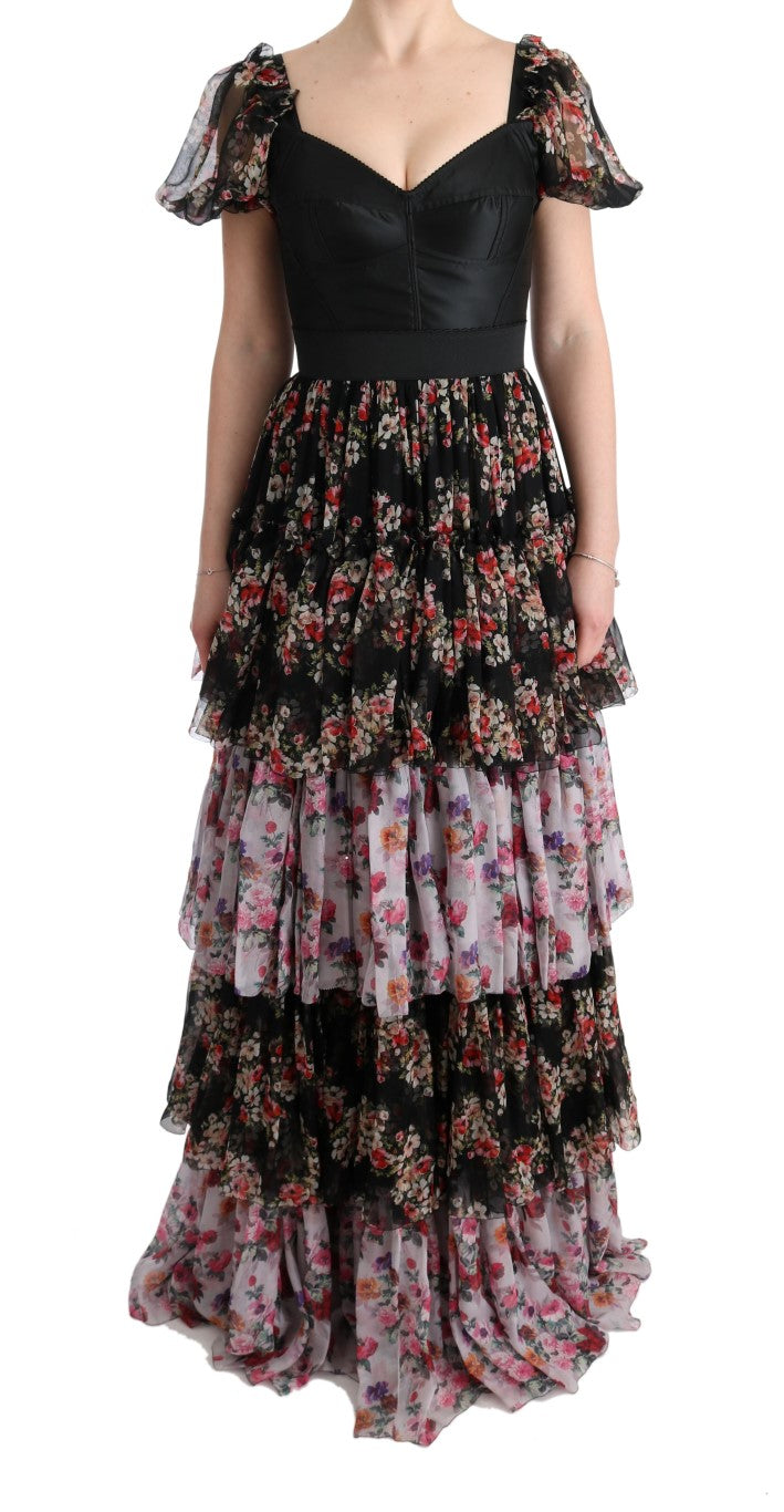 Elegante vestido recto floral en mezcla de seda multicolor