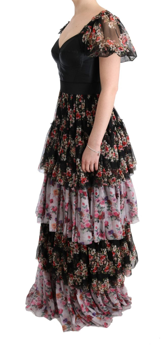 Elegante vestido recto floral en mezcla de seda multicolor