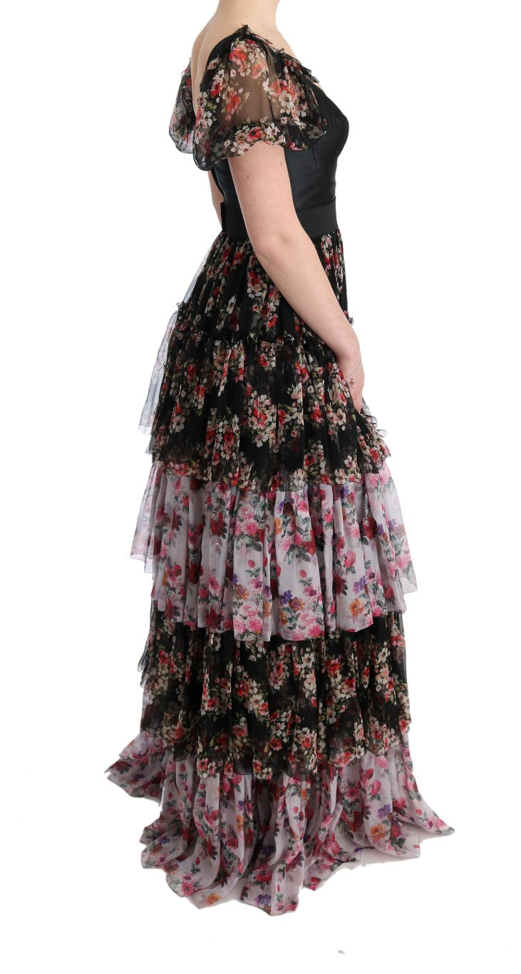 Elegante vestido recto floral en mezcla de seda multicolor