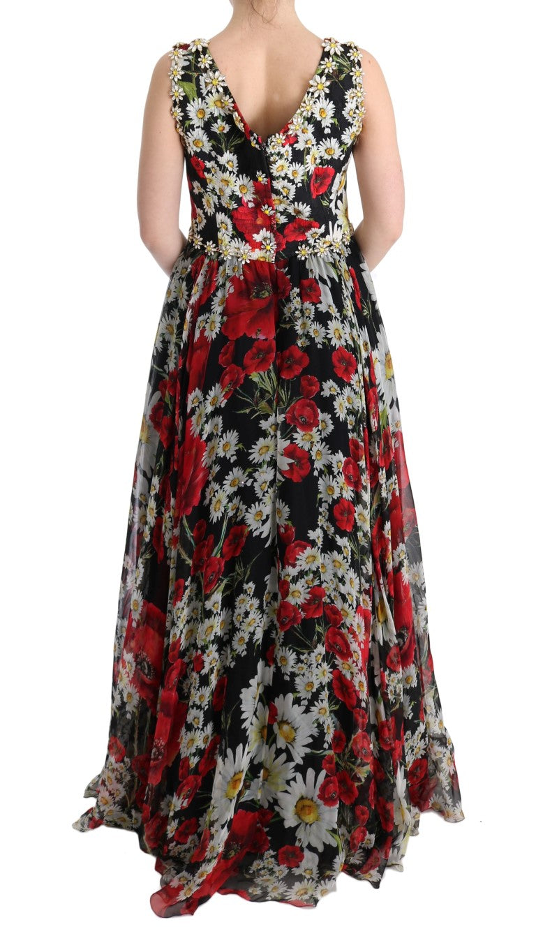 Maxi-jurk met bloemenprint, zonnebloemprint en kristallen