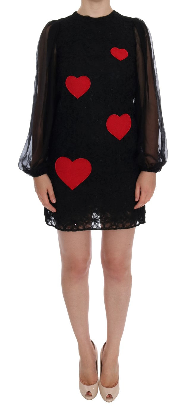 Vestido recto elegante con apliques de corazón de encaje negro