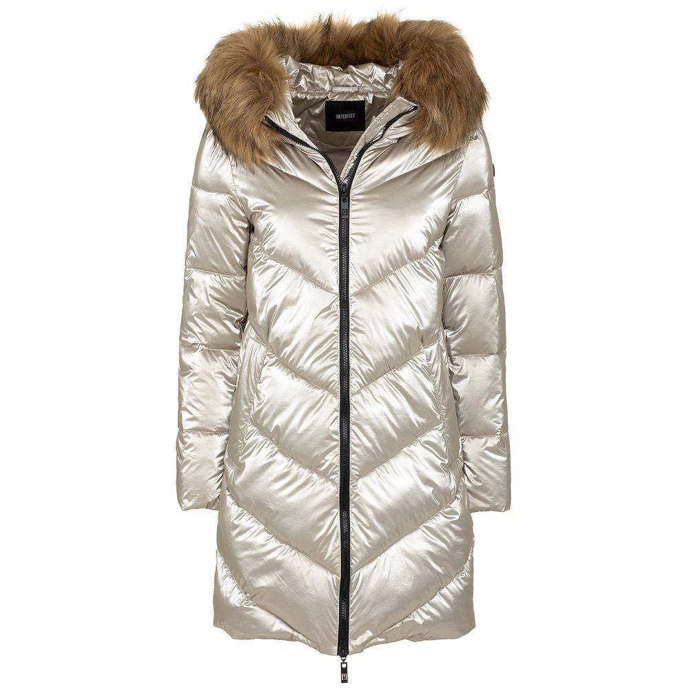 Chic Gray Eco-Fur Trimmed Long Down Jacket