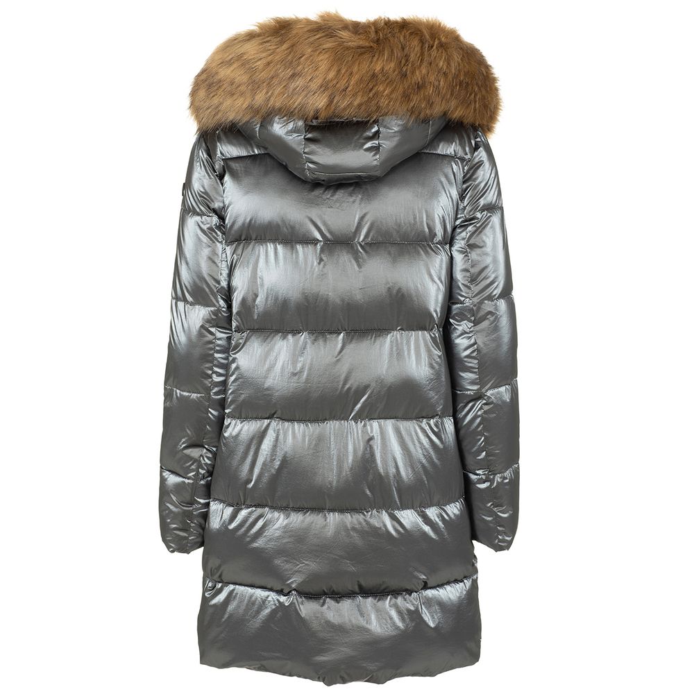 Elegant Long Down Jacket with Eco-Fur Hood