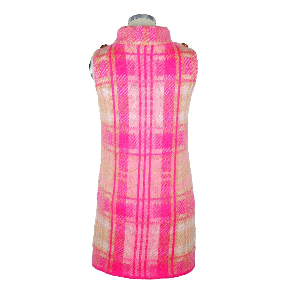 Chic Sleeveless Tartan Knit Dress with Pink Accents