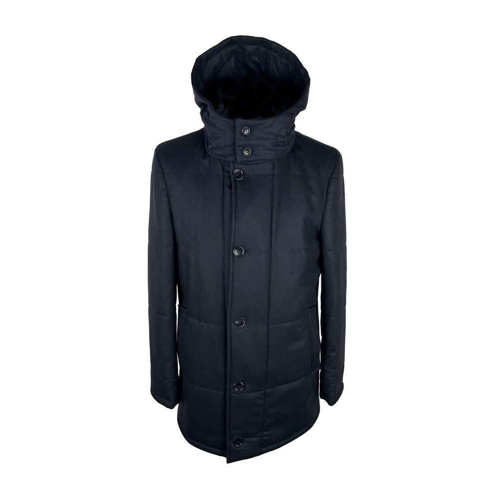 Elegant Blue Wool-Cashmere Coat with Hood