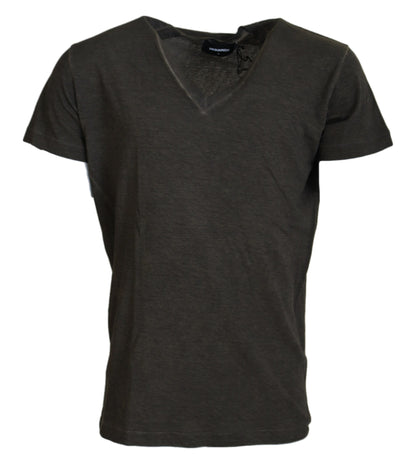 Gray Cotton Linen Short Sleeves V-neck T-shirt