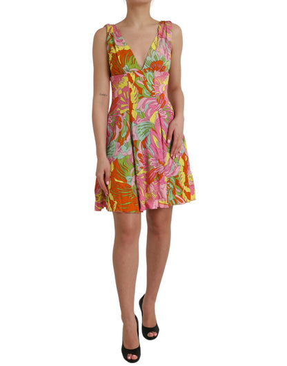 Vestido evasé de seda floral multicolor