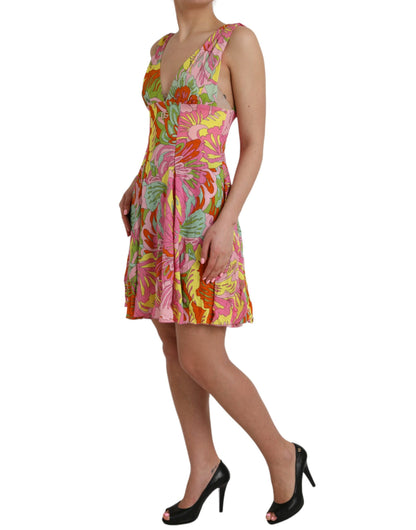 Vestido evasé de seda floral multicolor