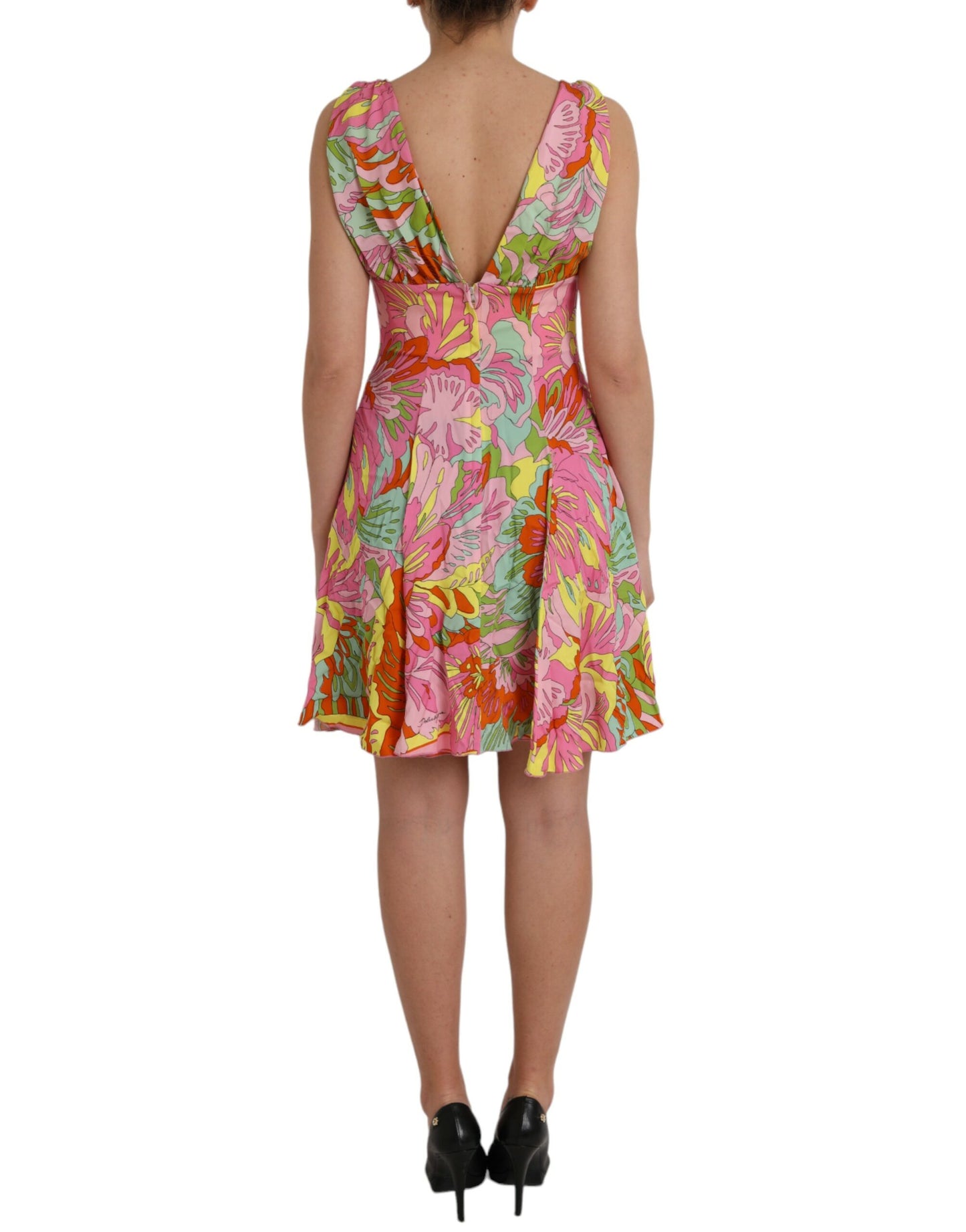 Vestido evasé de seda floral multicolor