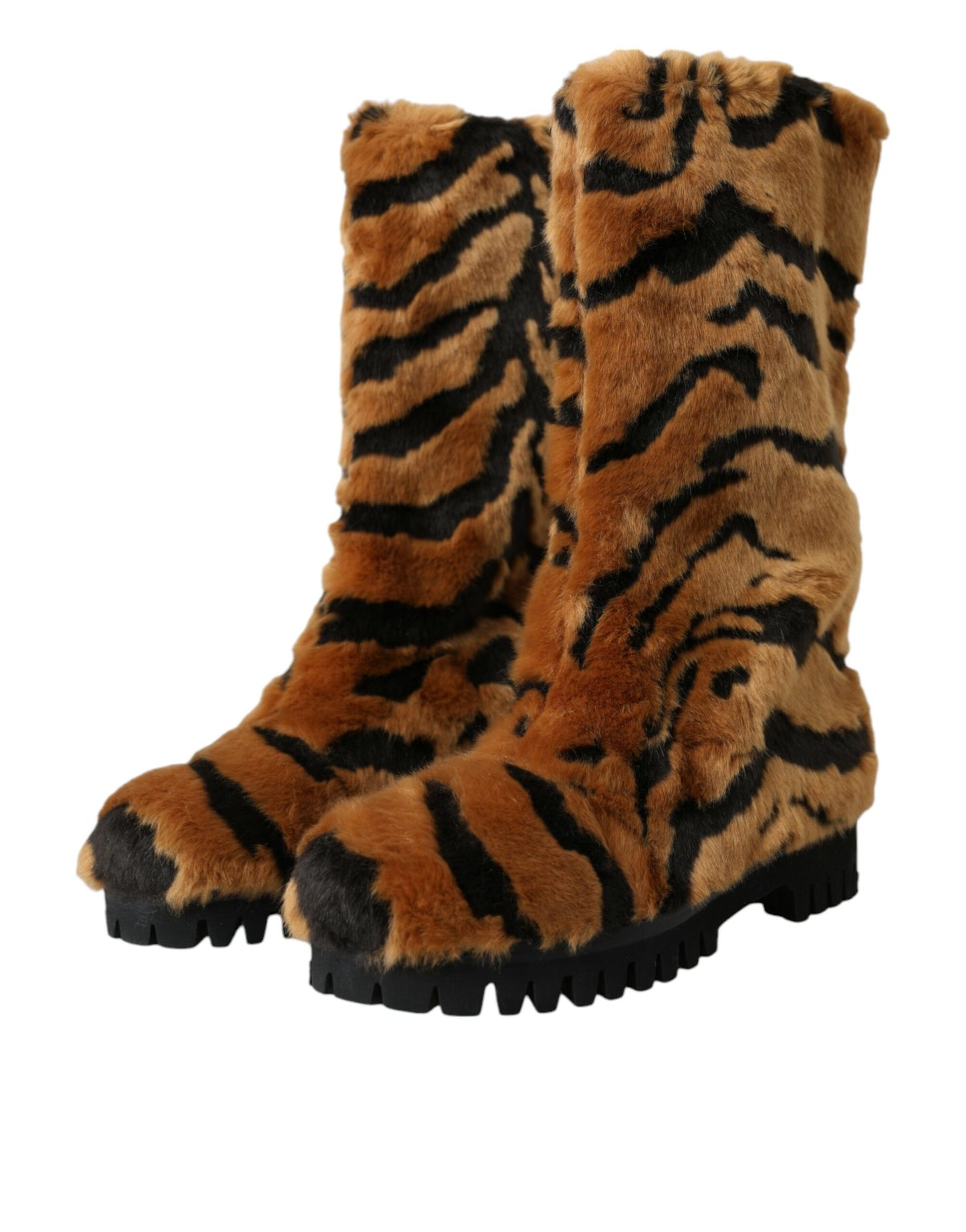 Brown Tiger Fur Leather Mid Calf Boots Shoes